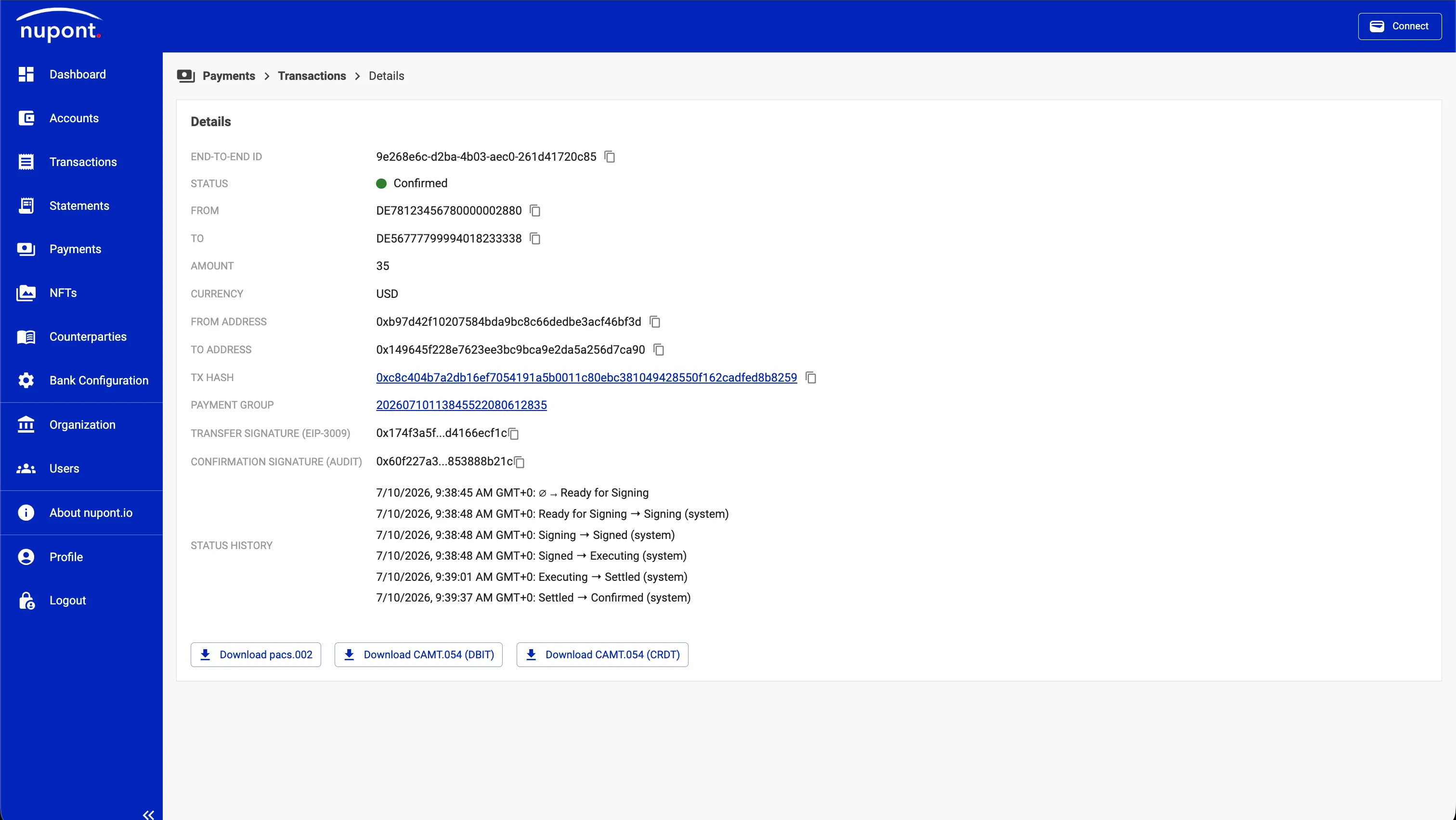 A confirmed payment transaction in the nupont dashboard, showing the pacs.008 instruction settled on-chain via ERC-3009 and the resulting camt.054 statements
