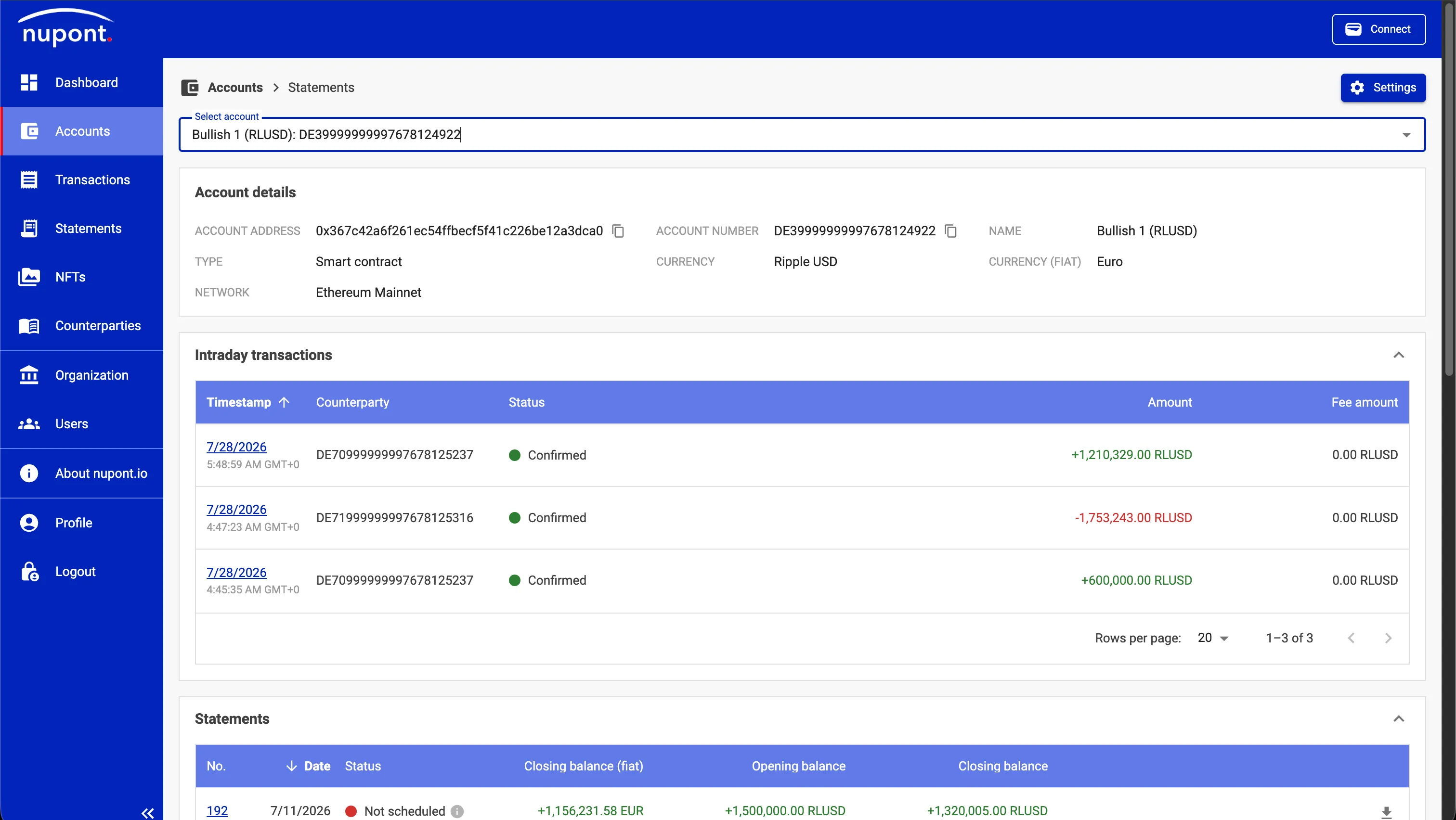 The nupont dashboard showing an RLUSD account's intraday transactions and monthly statements