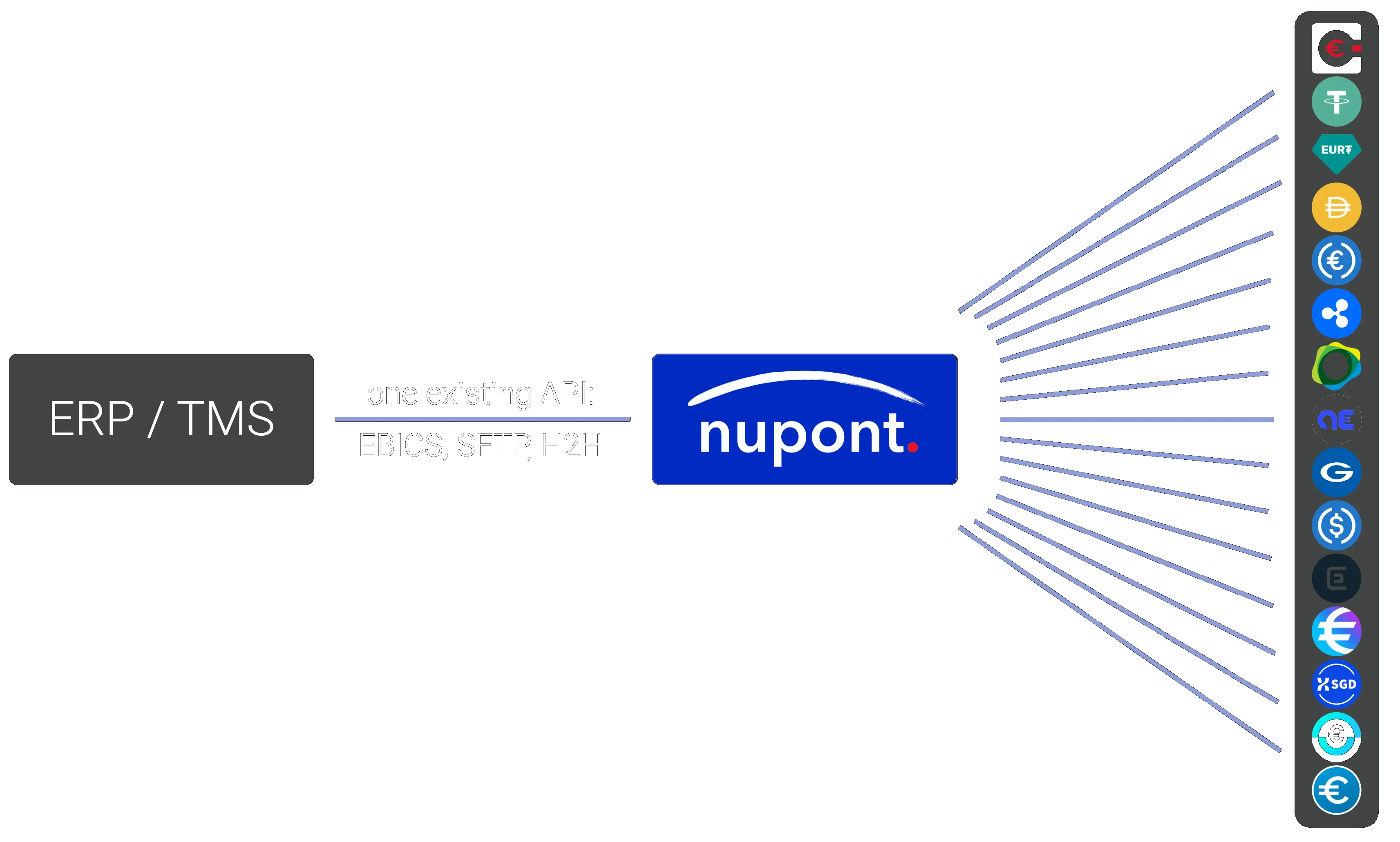 Diagram showing an ERP or TMS system connecting to nupont through one existing API, which in turn connects to every major stablecoin